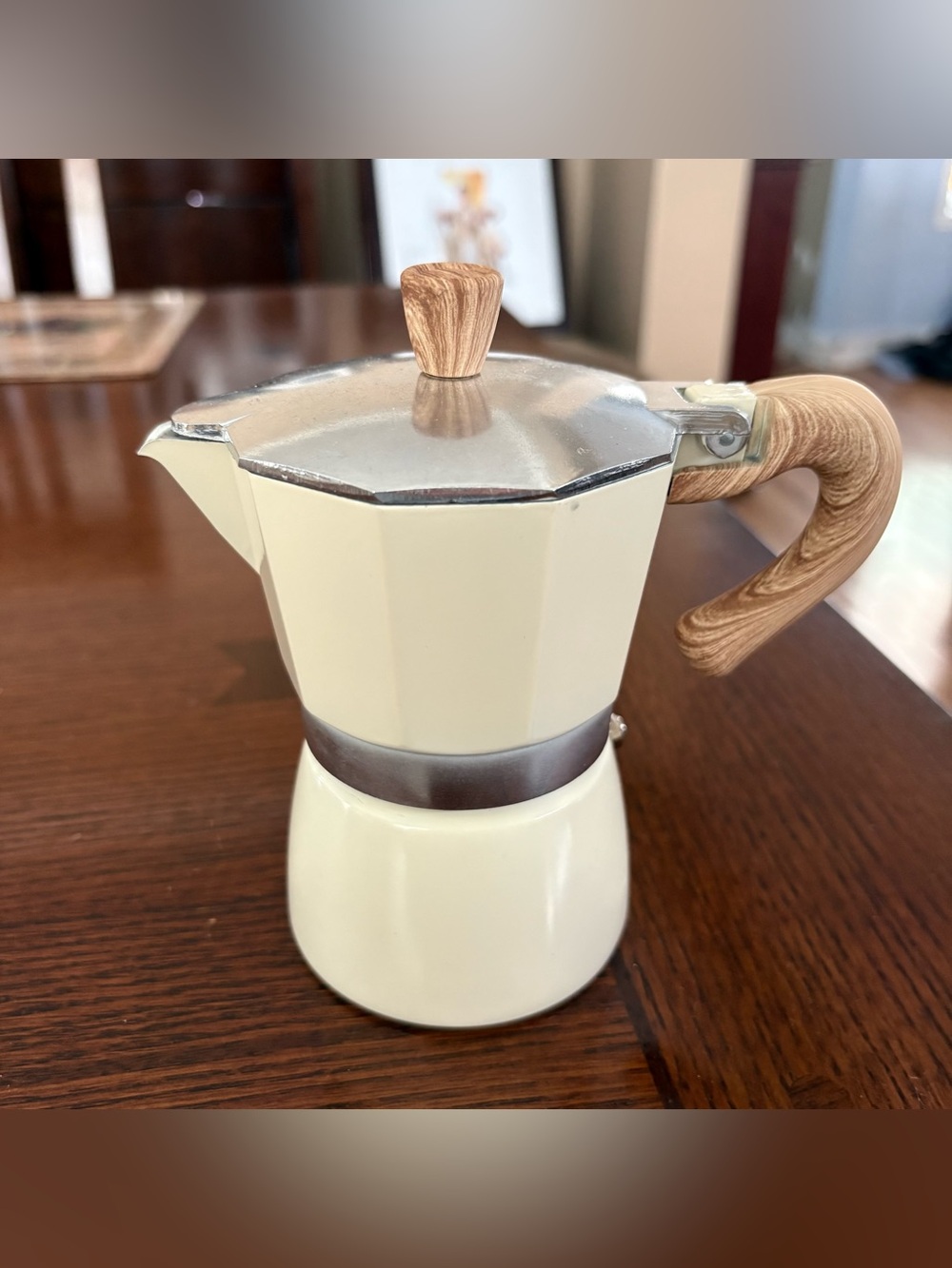 Cream Stovetop Moka Pot Espresso Maker with Wood-Tone Handle 1 cup - new!
